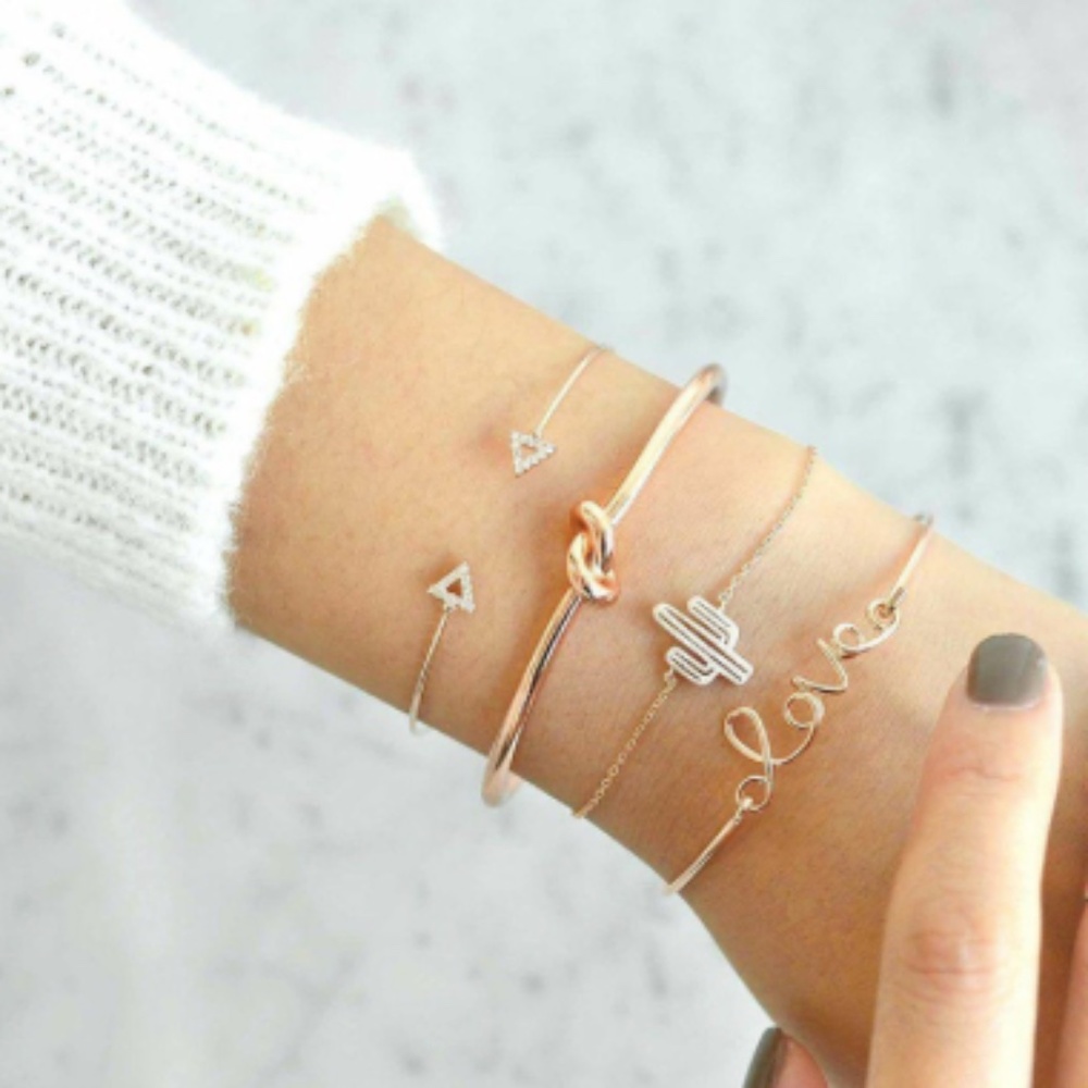 Love Cactus Rhinestone Bangle Bracelet Set
